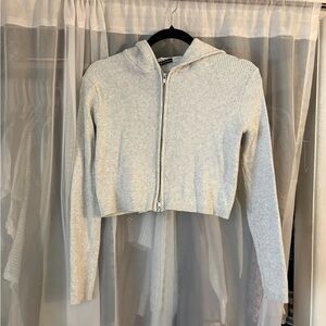 Brandy Melville Grey Cropped Zip-Up Hoodie Sweater One Size